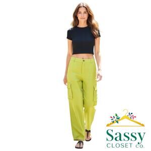 HG Yellow Green Cargo Pants Women Small S Flat Front Smocked Back High Rise EUC